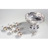 Silver plated punch bowl and cups, the wavy edge punch bowl with foliate decoration on a gadrooned