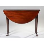 George III mahogany drop flap table, the circular drop flap top above tapering legs and pad feet,