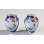 Japanese miniature Fukagawa porcelain miniature pair of vases, decorated with koi carp swimming to