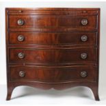George III style serpentine chest of drawers, the chequer and crossband top above a brushing slide