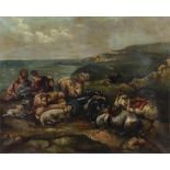 19th Century school, goats and sheep with figures by the sea, oil on canvas, 62cm x 50cm