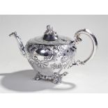 Victorian silver teapot, Sheffield 1853, maker J Mayer, the acorn finial top above a C scroll and