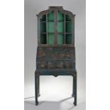 George III green Japanned bureau bookcase, the bookcase top of pagoda form with a pair of astragal