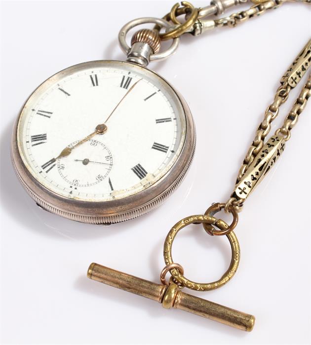 Silver open face pocket watch, the white enamel dial with Roman hours, subsidiary seconds dial,