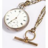 Silver open face pocket watch, the white enamel dial with Roman hours, subsidiary seconds dial,
