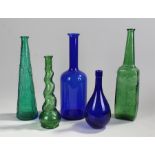 Collection of five glasses, to include two blue glass bottles, together with three green glasses,