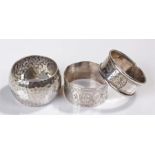 Three silver napkin rings, various dates and makers, 2oz (3)