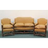 Three piece leather upholstered suite, arcehd back, stuff over seats and carved supports, to include
