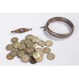 Silver bracelet, together with a silver brooch and a quantity of Three Pence coins, (qty)