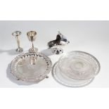 Silver plated wares, to include a salver, a dish, a flower vase, goblet and scuttle, (5)