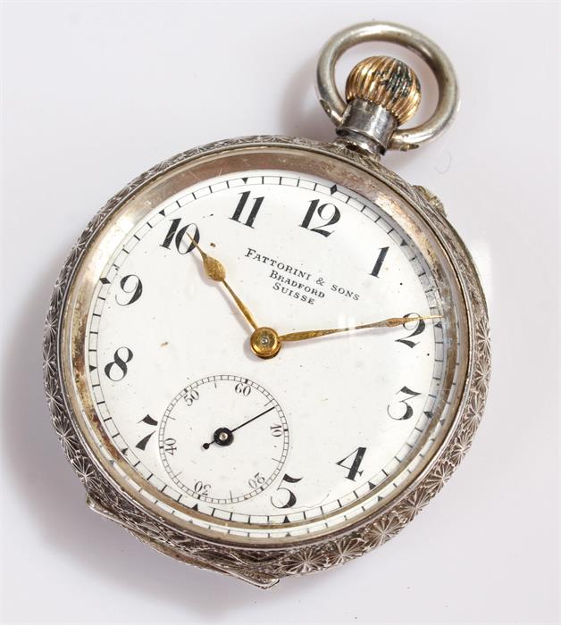 Silver open face pocket watch, the dial signed Fattorini & Sons, Bradford, with a foliate