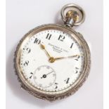 Silver open face pocket watch, the dial signed Fattorini & Sons, Bradford, with a foliate