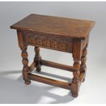 17th Century style joint stool, rectangular top above turned legs, 43cm wide