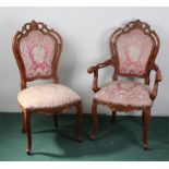 Louis XIV style armchair and chair, each chair with a shell capped top, stuff over seats, (2)