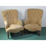 Pair of Victorian style armchairs, with all over stuff over upholstery on turned legs, (2)