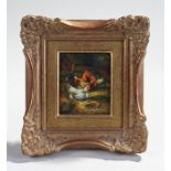 Oil on board, of chickens in a countryside setting, 17cm wide including the gilt frame