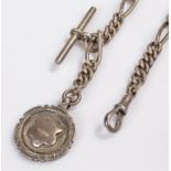 Silver pocket watch chain, with T bar, clip and medallion, 32cm long