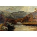 Louis K Harrap, a highland loch, signed oil on canvas dated 1911, 50cm x 75cm