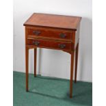 Yew wood bedside table, with a rectangular top above drawers and tapering legs