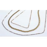 9 carat gold chains, to include a ribbon example, and two chain link examples, 8.5 grams