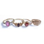 9 carat gold rings, to include three stone set rings and a signet ring, (4)