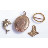 9 carat gold jewellery, to include a charm, pendants, and a locket, (4)