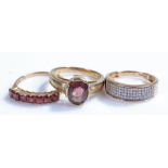 9 carat gold rings, to include a diamond set example and two stone set examples, (3)