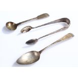 George III silver mustard spoon, together with a pair of silver sugar tongs and a silver spoon, (3)