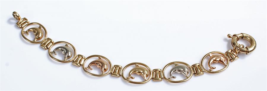 9 carat gold bracelet, with a row of dolphin links within ovals, 18.3 grams