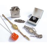 Jewellery, to include a silver brooch, a silver ring, a watch, a pendant on chain and a Colibri