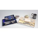 Silver plated fish knife and fork, together boxed flatware, a pot lid and base a pewter tankard