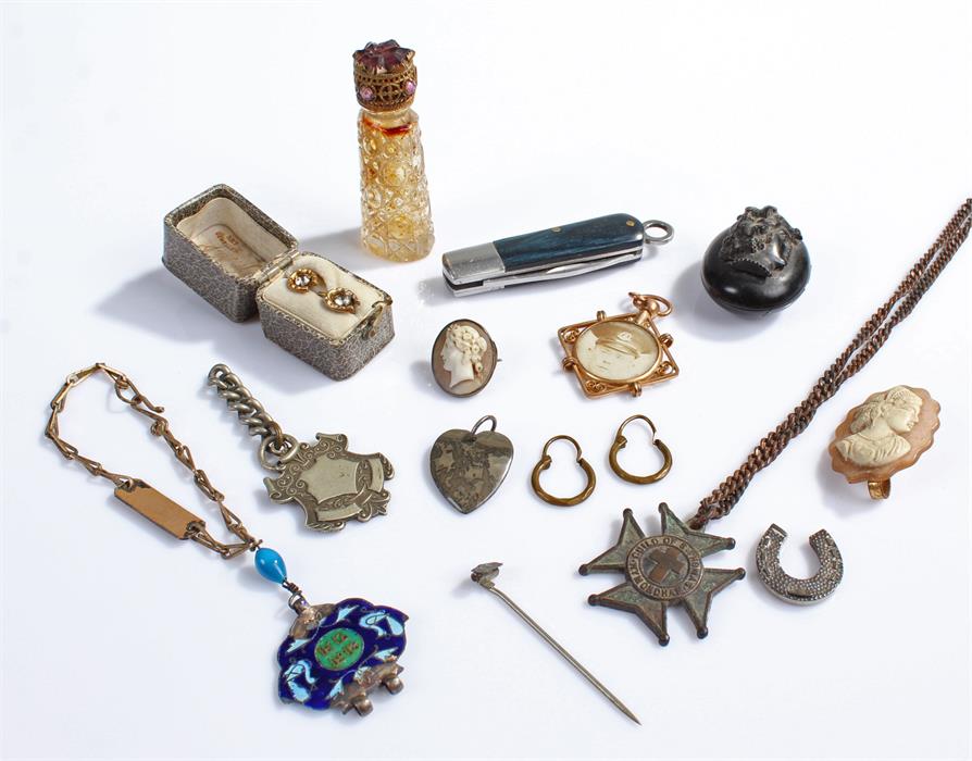 Mixed lot of jewellery, pen knife and perfume bottle