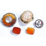 Brooches, to include two Victorian cornelian set brooches, a cameo brooch, a agate set circular