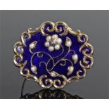 19th Century mourning brooch, of large proportions, with a blue enamel front with diamond and