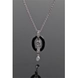 Diamond and enamel pendant necklace, the pendant with two drop diamonds and black enamel arches,