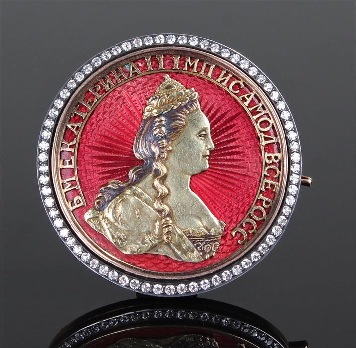 Fine diamond gold and guilloche enamel coin brooch with the bust of Catherine II, probably