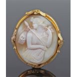 Victorian cameo brooch, the carved shell cameo as a classical figure and wheat sheaf, with a