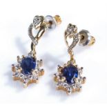 Pair of 9 carat gold sapphire and diamond earrings, in the form of flower heads, (2)