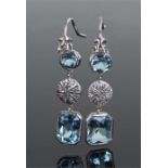 Pair of aquamarine and diamond drop earrings, with round cut and emerald cut aquamarines and a