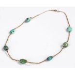 Turquoise necklace, the yellow metal necklace with eight turquoise stones, 39cm long