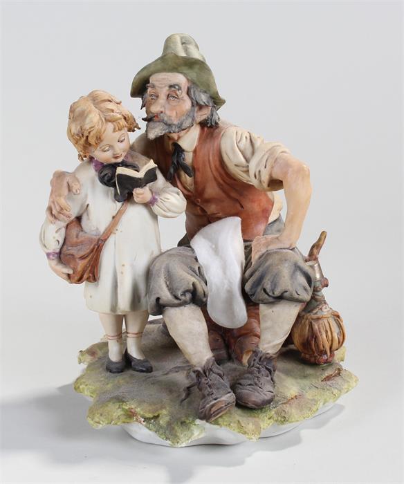 Capodimonte porcelain figure, Of a man and his Granddaughter, signed, 20cm high