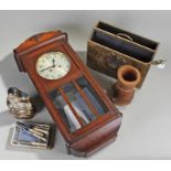 Mixed lot, including a wooden wall clock, a drum, and a Chinese figure (qty)