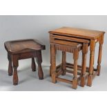 Nest of three oak tables, each with a rectangular top above a thumb mould frieze on turned supports,