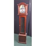 Longcase clock, of small proportions, with an arched hood above a glazed trunk, brass arched dial