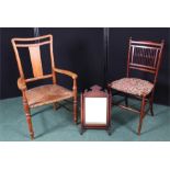 George III style toilet mirror, together with an elm armchair and a spindle back chair, (3)