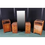 1940's Art Deco taste furniture, to include to walnut bedside cabinets and a Heals mirror back