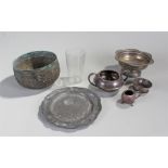 Mixed metal with Indian silver,to include a plate, bowls and an etched tumbler, (7)