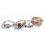 9 carat gold rings, to include two stone set examples, a band and a lattice ring, 7.4 grams, (4)