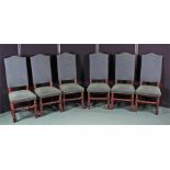Set of six oak dining chairs, in the 18th Century taste, the arched backs with all over