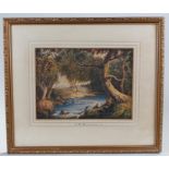 After Barralet (1774-89) fishing by a stream, watercolour, together with a silk picture and